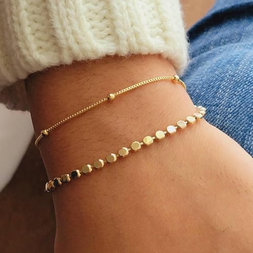 Gold Bracelets for Women, 14K Gold Plated Dainty Bracelet Set Stackable Paperclip Box Bead Chain Bracelet Adjustable Simple Gold Bracelet Trendy Gold jewelry for Women Gifts2