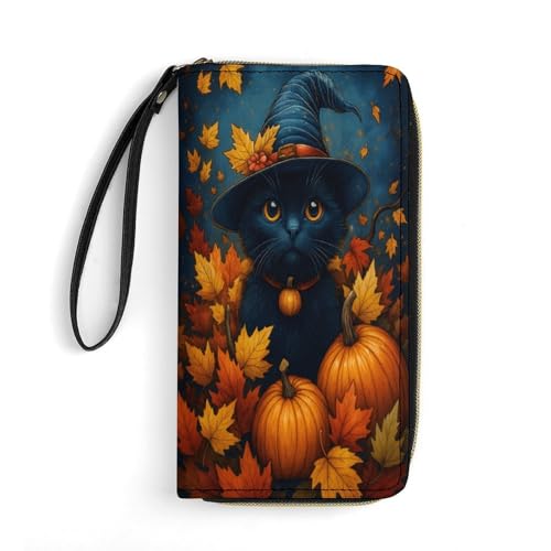 Autumn Cat Pumpkins Women's Wallet Wristlet Zipper Purse with Hand Strap Travel Credit Card Holder for Daily Use Gifts