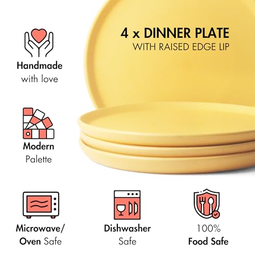 Image of Ceramic Dinner Plates, 4 Pcs | Rim Plate for Easy Eating | Microwave, Oven, Dishwasher Safe | Set of 4 Ceramic Plates for Dinner | Handmade | (Aamras Yellow, Set of 4 Dinner Plates)