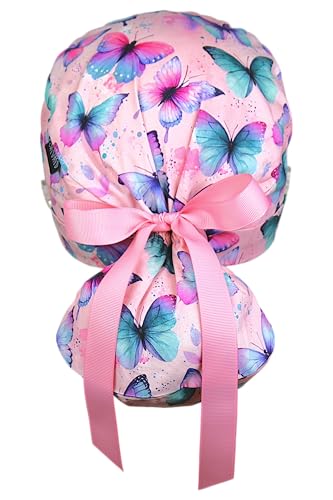 Image of Scrub Cap for Women and Men, Ponytail Scrub Caps, Working Hat, Head Cover with Ribbon Ties and Buttons, Long Hair