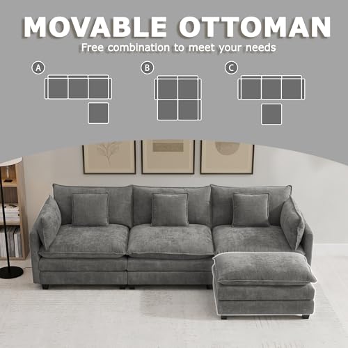 Image of 113 inch Modular Sectional Sofa, L Shaped Cloud Couch with Ottoman | Comfy Chenille Deep Seat Sofa with Throw Pillows, 4 Seat Modern Couches for Living Room Bedroom Apartment, Grey, 113 inch L