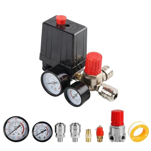 KEUPOK Pressostat pour Compresseur d'Air 220V - Interrupteur de Contrôle de Pression avec Doubles Manomètres, Soupape de Sécurité et Régulateur, 90-120 PSI