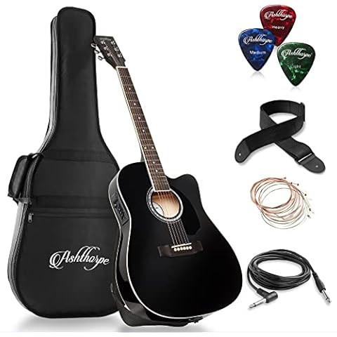 Ashthorpe Full-Size Cutaway Thinline Acoustic-Electric Guitar Package - Premium Tonewoods - Black Cover