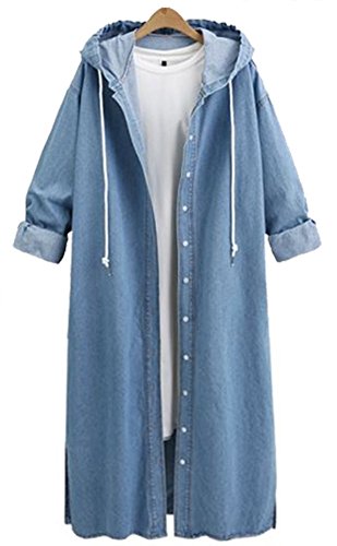 QZUnique Women's Long Denim Coat with Hood Long Sleeve Windbreaker Plus Size Jean Jacket Outwear Blue US XL