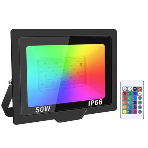 RIGIDON 50W LED Flood Light Outdoor, 16 Colour Changing IP66 Waterproof RGB Flood Lights with Remote Control for Garden Yards