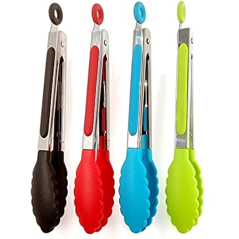 ZHIYE Kitchen Tongs, Set of 4, 7” Non-Slip Stainless Steel Tongs with Locking Clip for Cooking, BBQ, Serving, Heat Resistant, Food Grade Cover