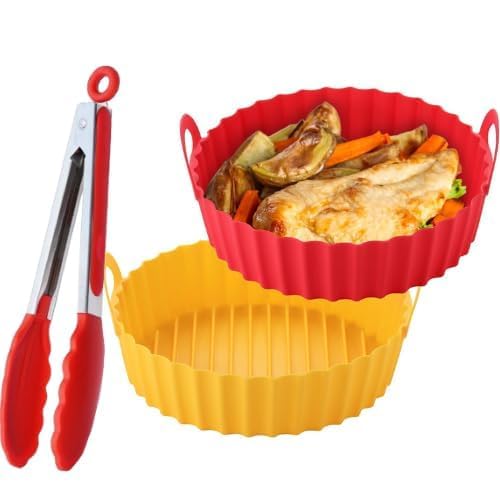 Image of Air Fryer Package - 6 Pack Air Fryer Liners & Accessories - 8.5 inch (5-9 Qt) Food Grade BPA-Free Reusable Silicone Baskets /Pots /Liners 9 Inch Tongs (RD PO2 with Tongs)