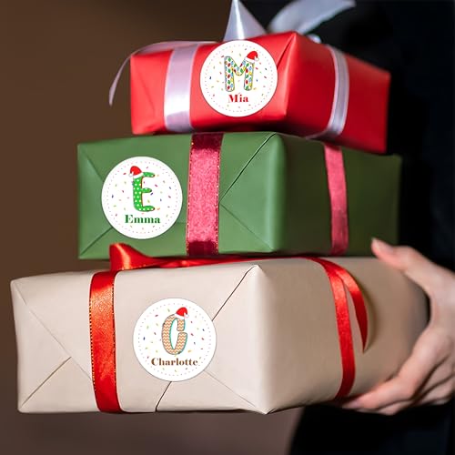 Image of Personalized Christmas Stickers, Custom Name Waterproof Christmas Gift Tags for Gift Box Holiday Decorations, Stockings, Party Favors (Santa Hat Initial 2)