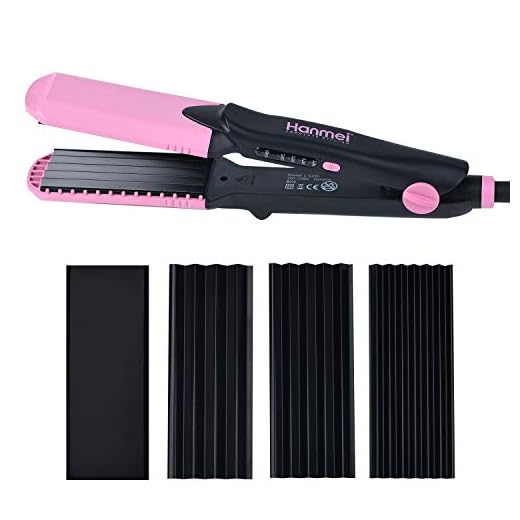 HANMEI Crimper Hair Iron, 4 in 1 Interchangeable Plates Hair Crimper Waver Iron and Straightener, Adjustable Temperature Tourmaline Ceramic Flat and Curling Iron for All Hair Types (Black and Pink)