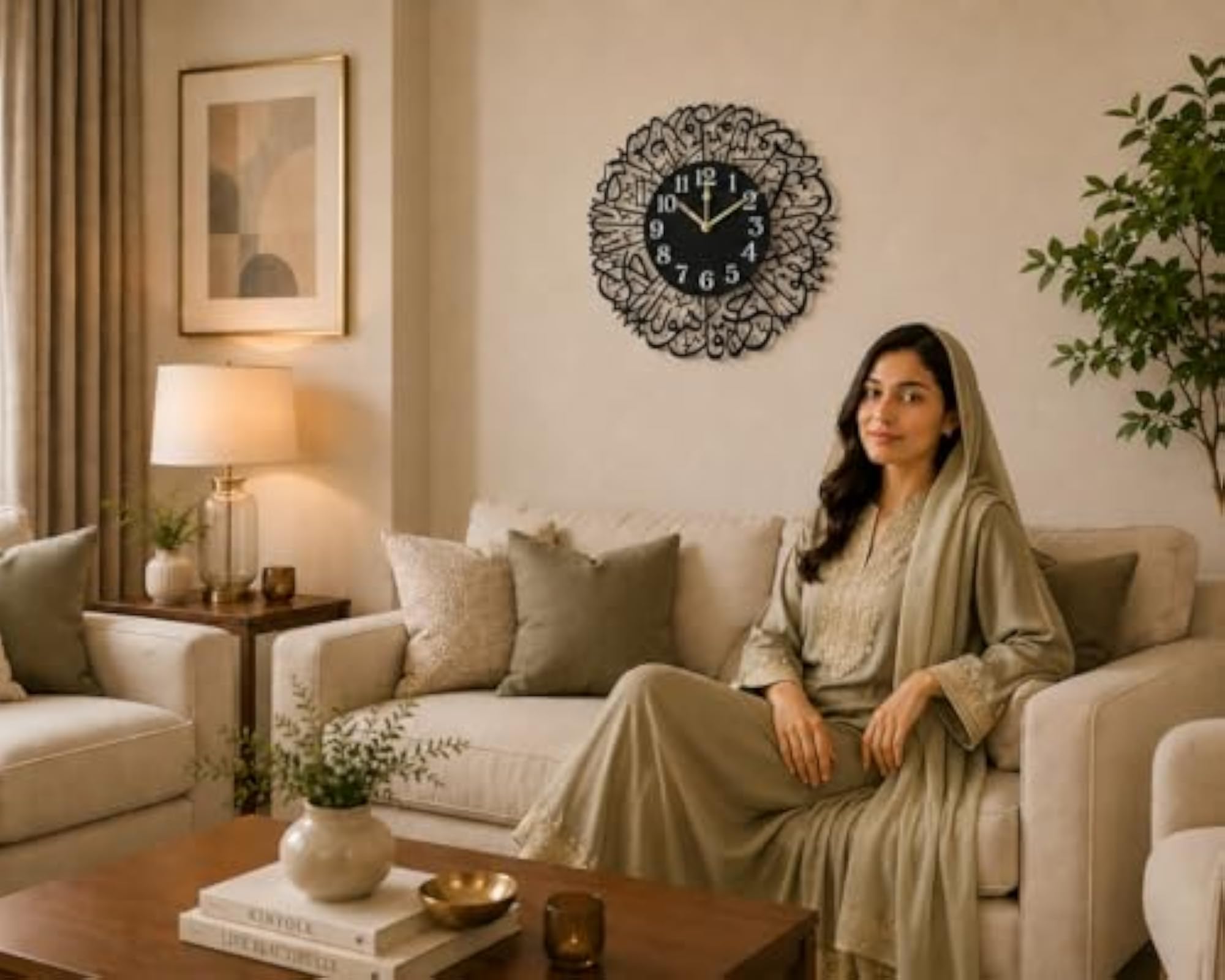 Home Decor Islamic Analog Clock, Black Wooden Handcrafted