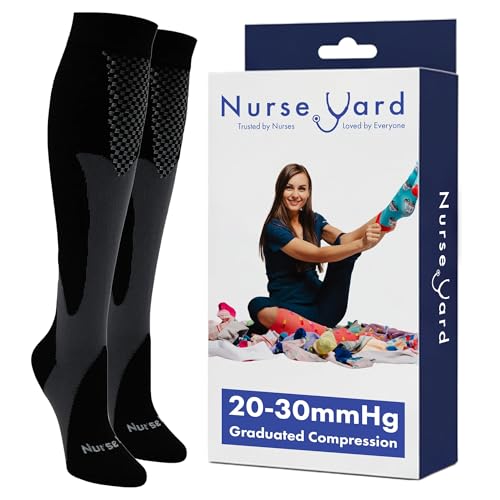 Image of Nurse Yard Compression Socks for Women and Men | 20-30mmHg Graduated Medical Compression Socks for Nurses | Travel and Flying | Athletic Support for Running, Best Compression Socks | 1 Pair Black