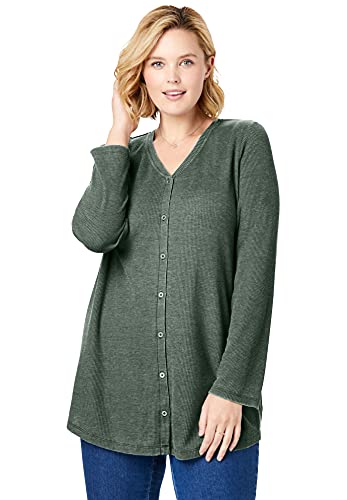 Woman Within Women s Plus Size Button Front Washed Thermal Waffle Long Underwear Top - 18 20, Pine Green
