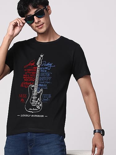 Image of ADRO Guitar Design Printed T-Shirt for Men - 100% Cotton, Regular Fit, Soft Breathable Fabric.