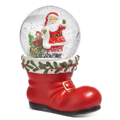 The Bridge CollectionSanta Boot Christmas Snow Globe - Festive Santa Claus in a Red Boot with Holly Accents - Christmas Water Globe Decoration