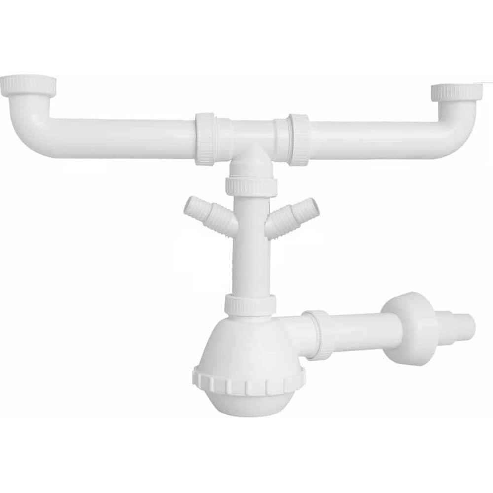 Schläfer 4395322 | Universal Space Saving Flask Siphon for 1"1/2 Sinks with Double Dishwasher Connection, Outlet Diam. 40mm x L. 250 mm, Inspectable Drain, White.