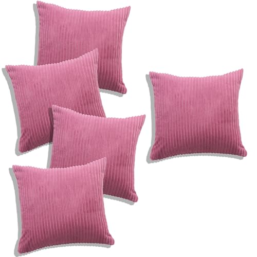 Image of RD TREND Cushion Cover Set of 5, Decorative Sofa Living Room Home Square Cushion Covers 16 Inch x 16 Inch, Aesthetic Corduroy Striped Double Sided (Light Pink, Pack of 5)