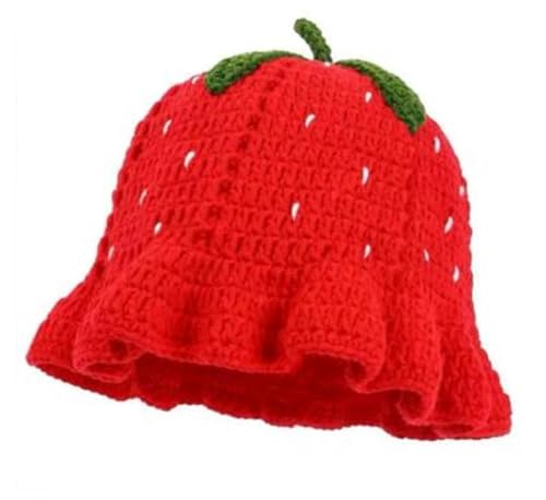 Hshsclth Strawberry Crochet Bucket Hat for Women Slouchy Knit Strawberry Hat with Ruffles Brim Cute Fruit Crochet Hat