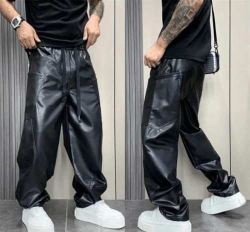 FULBHPRINT Men's Multi-Pocket PU Leather Pants Streetwear Hip Hop Solid Casual Joggers Trousers2