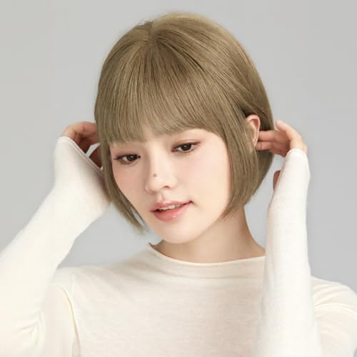 Rebecca Youth ウィッグ ボブ おしゃれ トレンディカラー レディース フルウィッグ ショートストレート女装 人毛 総手植え エアーバング 分け目自由 通気 自然 (シャンパンベージ, 25CM)