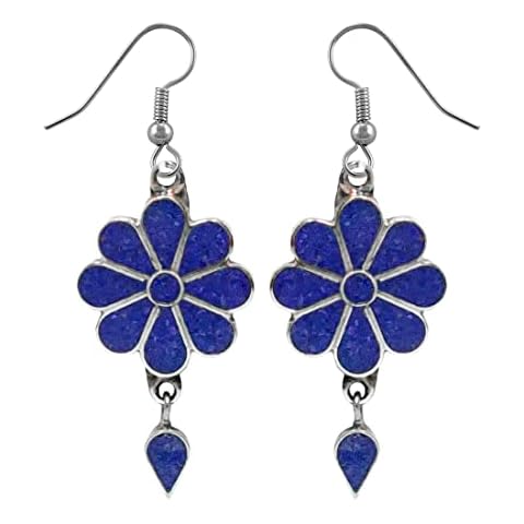 Beautiful Handmade Compressed Lapis Lazuli Gemstone Inlay Flower shape Fashion Drop Earrings for Women 925 Silver Plated Ethnic Gypsy Boho Earring Jewellery Cover