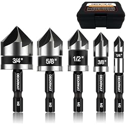 5 Pcs Countersink Drill Bit Set, Industrial Grade M2 High-Speed Steel, 82 Degree, 5 Flute with 1/4” Quick Change Hex Shank, 1/4