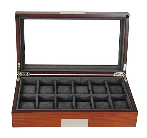 Timelybuys 12 Cherry Wood Watch Box Display Case Storage Jewelry Organizer With Glass Top, Stainless Steel Accents, And Oversized Deluxe Pillows #TOP3