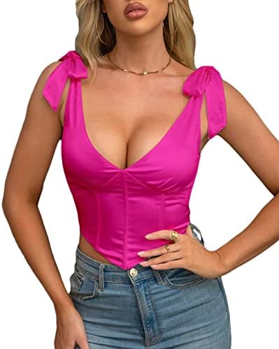 Beumissy Women's Vintage Corset Crop Top Sexy V-Neck Satin Boned Zip Back Bow Tie Bustier Top(Hot Pink,Medium)