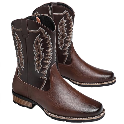 Cowboy Boots for Men Round Toe Western Boot Classic Fashionable Embroidered Pull On Mid Calf Shoes