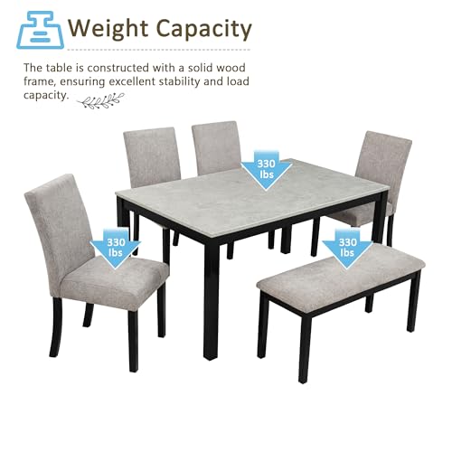Image of KEIKI 6-Piece Standard Height Dining Table Set with Rectangular Table, 4 Upholstered Curved Backrset Chair, Bench, for 6 Person, Modern Table Set, Easy Assembly, for Kitchen, Dining Room, Black+Gray