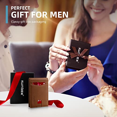 Image of RUNBOX Wallet for Men Slim Leather Bifold RFID Blocking Minimalist Front Pocket Design with Gift Box | Minimalist Front Pocket Design, Holds 8 Cards, RFID Protection, Gifts for Men on Birthdays, Father's Day, and Christmas