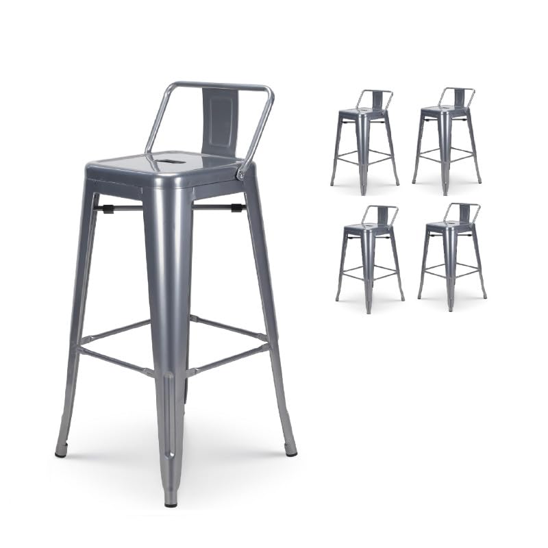 Kosmi - Lot de 4 tabourets de Bar en métal Brut Silver avec Dossier - Hauteur Assise 66cm