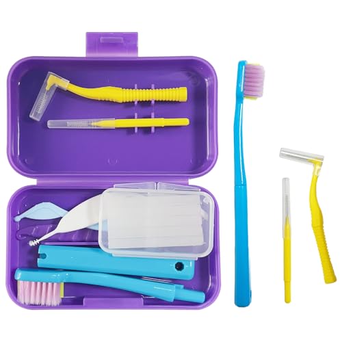 6-in-1 Orthodontic Oral Care Kit with Case Detachable Toothbrush Interdental Brush Dental Floss Pick Toothpick Brush Dental Wax with Cutter Elastic Hook Set for Braces Daily Travel Use (Purple)