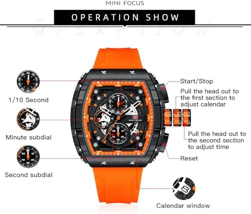 Mini Focus Men's Watches Fashion Sport Watch (Chronograph/Waterproof/Luminous/Calendar) Silicone Strap Quartz Watch for Men, orange_black, Classic