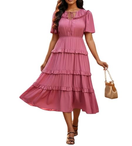 Image of Women's Short Sleeve Summer Boho Pleated Rayon Mid Dresses with Pockets for Wedding Guest