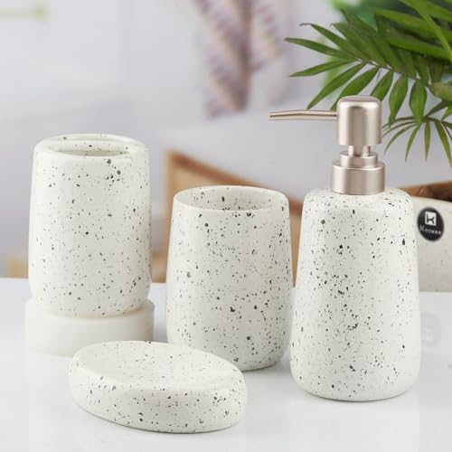 Image of Kookee Ceramic Bathroom Accessories Set 4 Piece - Soap Dispenser, Toothbrush Holder, Tumbler & Soap Dish | Modern Countertop Decor for Home & Guest Bathroom, White (10383)