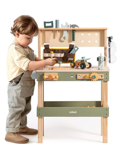 ROBUD Toddler Pretend Play Kids Workbench - Wooden Construction Toy with Tool Belt, Goggles, and Accessories for Creative Assembly - Suitable for Children Age 3+