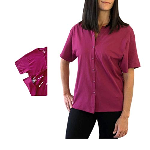 Post Mastectomy Surgery Recovery Shirt with Drainage Pocket Easy Open Top (Raspberry, M)