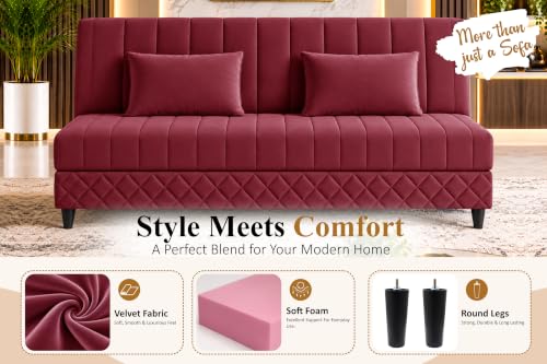 Image of 3-Seater Velvet Sofa Cum Bed | Tufted Convertible Sleeper Sofa | Plush Cushioned Seating | Space-Saving Design for Living Room, Bedroom & Office | Red
