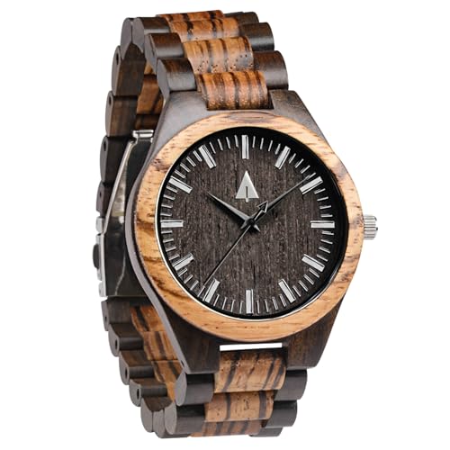 Treehut Wooden Watches for Men, Great Japanese Quartz Analog, Stylish Exotic Watch with Adjustable Stainless Steel Clasp, Buckle, Made from Ebony and Walnut Wood, Relojes Hombre Mujeres