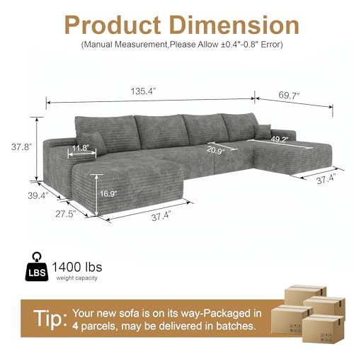 Image of 96 inch Sectional Couches for Living Room Cloud Couch Sofa with L-Shape Upholstered Boneless Couchs Modern Modular Sectional Couch with Chaise