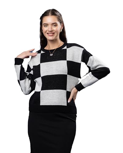 Image of Wear lusso Women's Round Neck Colour Block Sweater | 100% Wool Pullover | Full Sleeve Soft & Stylish Winter Wear for Women & Girls