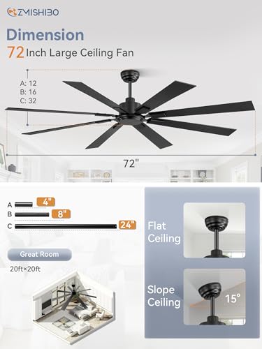 72 Inch Black Ceiling Fan No Light with Remote Control, 8 Blades, Quiet DC Motor, 6-Speed, Indoor/Outdoor Use