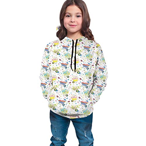 Teen Hoodies Fashion Sweatshirts,Rainbow Striped and Checkered Pattern Wheelbarrows Full of Wild Flowers and Birds XL