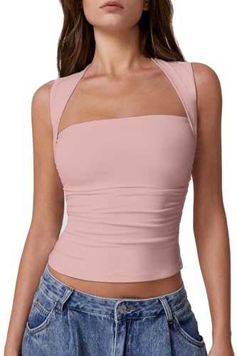 QINSEN Womens Square Neck Tank Tops Side Ruched Double Lined Slim Fit Summer Going Out Crop Top