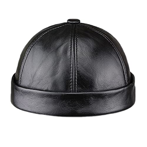Unisex Vintage Brimless Leder Beanie Mütze Rollbund Skullcap Sailor Hut für Damen Herren, schwarz, X-Large