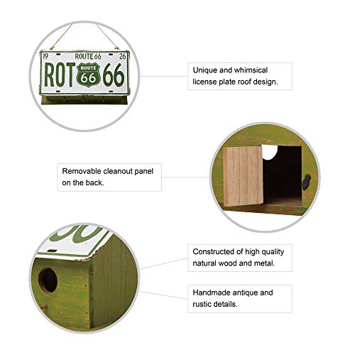 Glitzhome 14”L Wood Hanging Birdhouse For Outdoors, Licence Plate Route 66 Welcome Painted Bird House, Rustic Bird House For Bluebird Wren Sparrow, Bird Nest Box For Garden Patio, Washed Green #TOP3