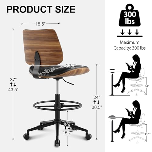 Image of Drafting Chair with Adjustable Footrest, Armless Modern Tall Office Chair for Standing Desk, PU Leather Swivel Stool in Curved Bentwood Style, Ergonomic Rolling Walnut Chair for Office(Black)