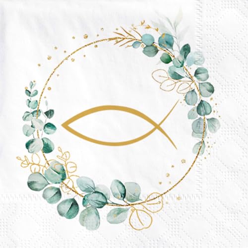 Sprinlot 40 Stück Servietten Kommunion Junge Mädchen, Servietten Konfirmation, Fisch Serviette Taufe, Serviette Konfirmation Eukalyptus, Papierservietten Fisch Tischdeko für Taufe, Kommunion