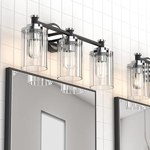 Image of Bathroom Lighting Fixtures Black and Chrome Bathroom Vanity Light with Cylindrical Clear Stripes Glass Lampshade E26 Socket Base Bathroom Lighting Fixtures Over Mirror (3 Lights)