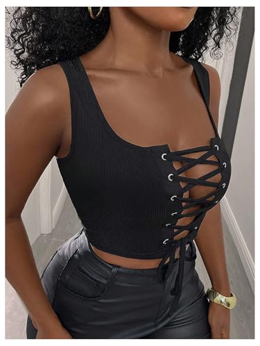 Verdusa Women's Lace Up Top Y2k Sleeveless Ribbed Shirt Date Crop Tank Concert Tank Top3